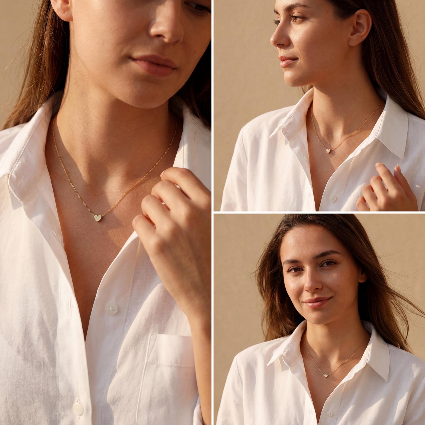 Minimalist 14k gold plated tiny puff heart necklace on a model wearing a white shirt, dainty gold choker chain detail, small heart pendant close up, perfect mothers day gift or birthday jewelry for her.
