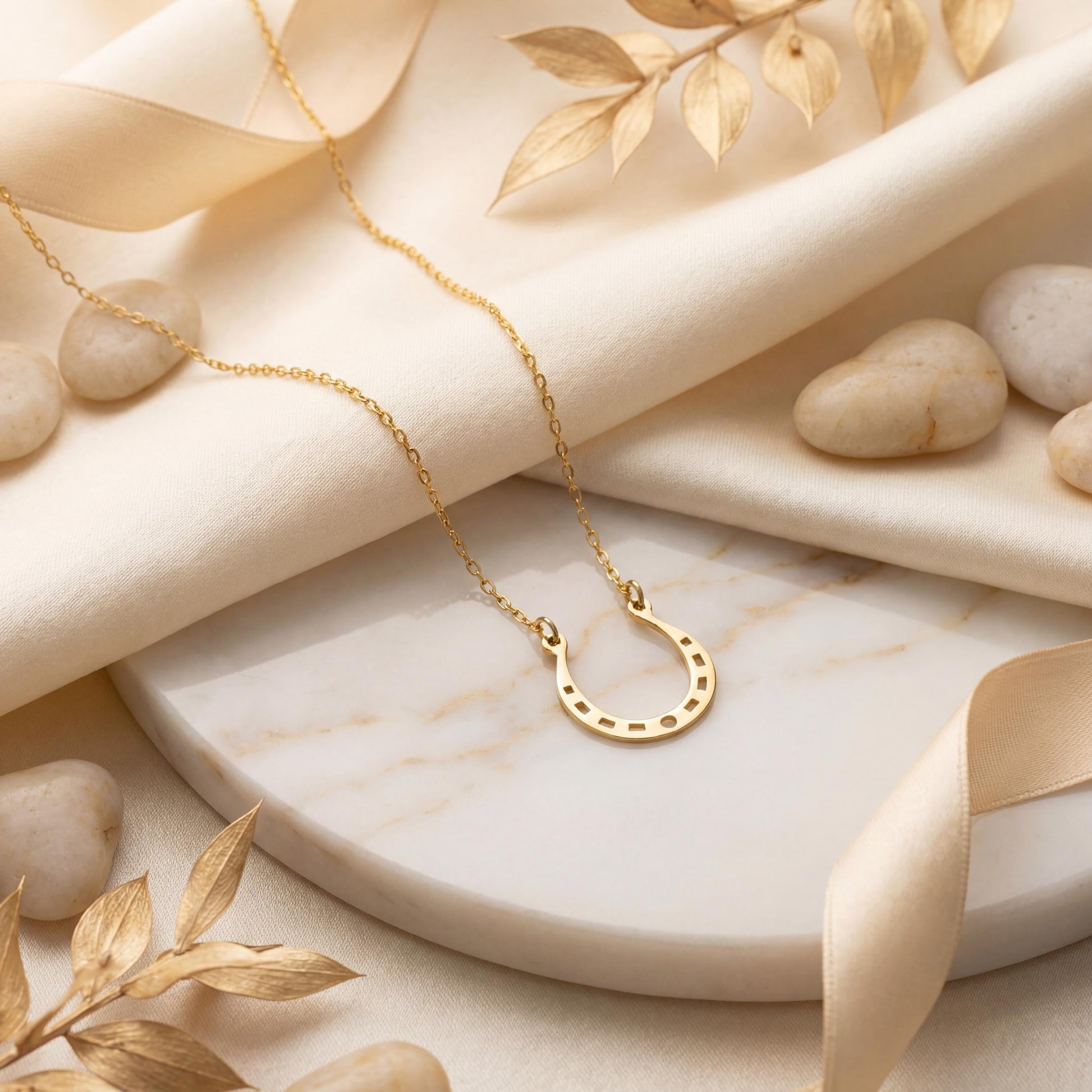 Dainty 14K gold horseshoe necklace worn delicately on a woman's neck, minimalist lucky charm pendant jewelry ideal for everyday wear and thoughtful Mother's day gift.