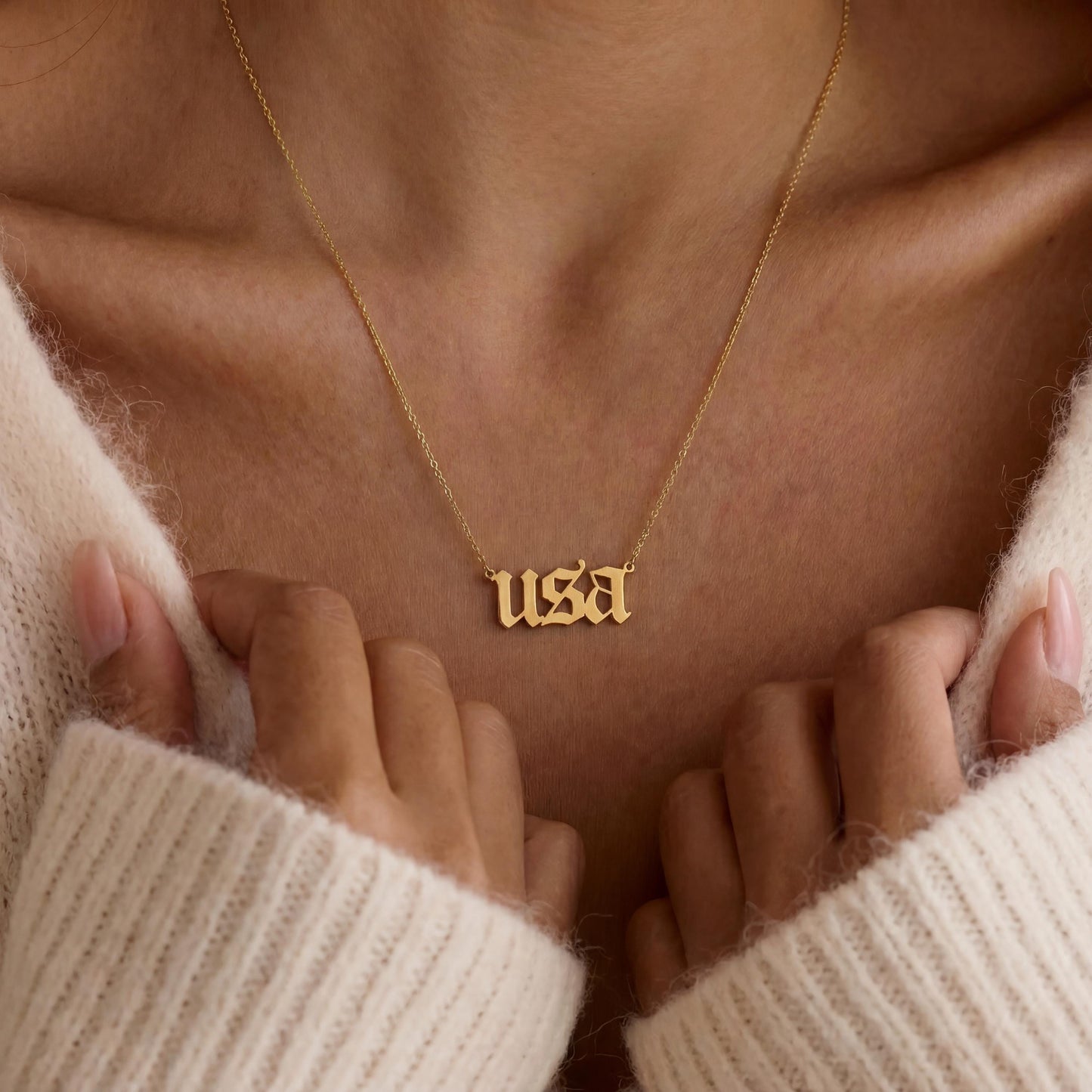 USA Necklace, Semiquincentennial, America 250 Jewelry, Custom Word Choker, Patriotic Gift, Gothic Font Chain, July 4th Accessory