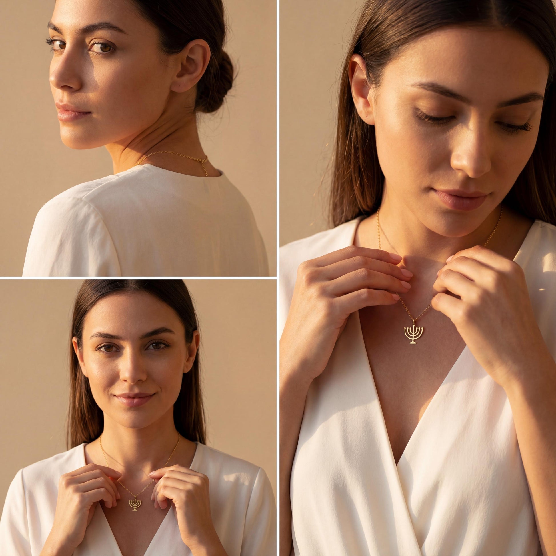 Dainty 14K gold plated minimalist Menorah necklace worn by a woman, elegant Jewish Judaica pendant jewelry ideal for Mother's Day or Bat Mitzvah gift.