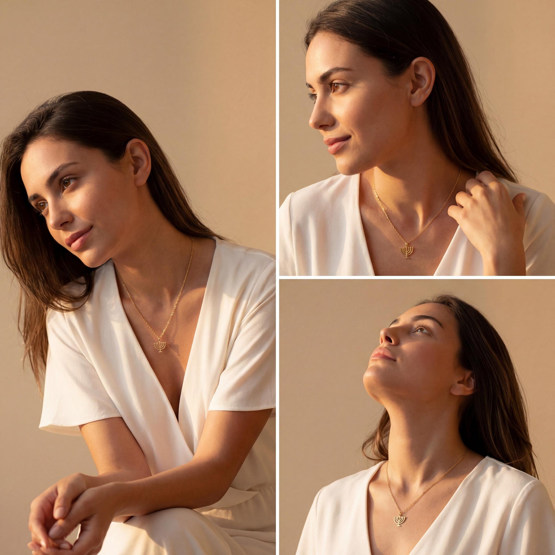 Dainty 14K gold plated minimalist Menorah necklace worn by a woman, elegant Jewish Judaica pendant jewelry ideal for Mother's Day or Bat Mitzvah gift.