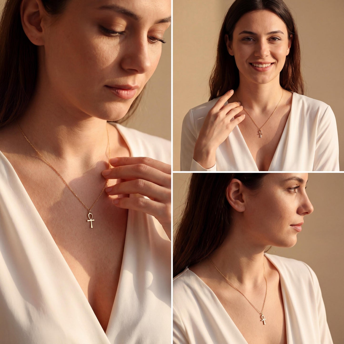Minimalist Ankh necklace worn by a woman, dainty Egyptian cross key of life pendant resting on chest in natural sunlight, elegant everyday jewelry.