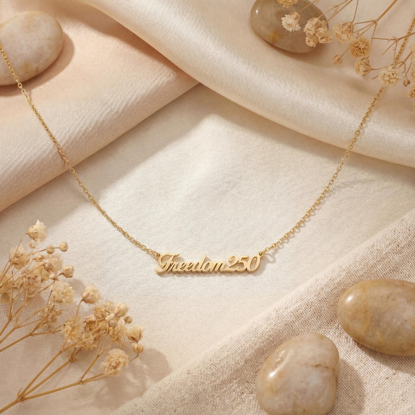 Freedom250 Necklace, America 250 Jewelry, Patriotic Pendant, July 4th Keepsake, USA Anniversary Gift, Dainty Name Chain