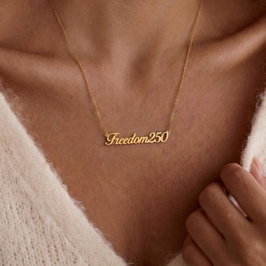 Freedom250 Necklace, America 250 Jewelry, Patriotic Pendant, July 4th Keepsake, USA Anniversary Gift, Dainty Name Chain