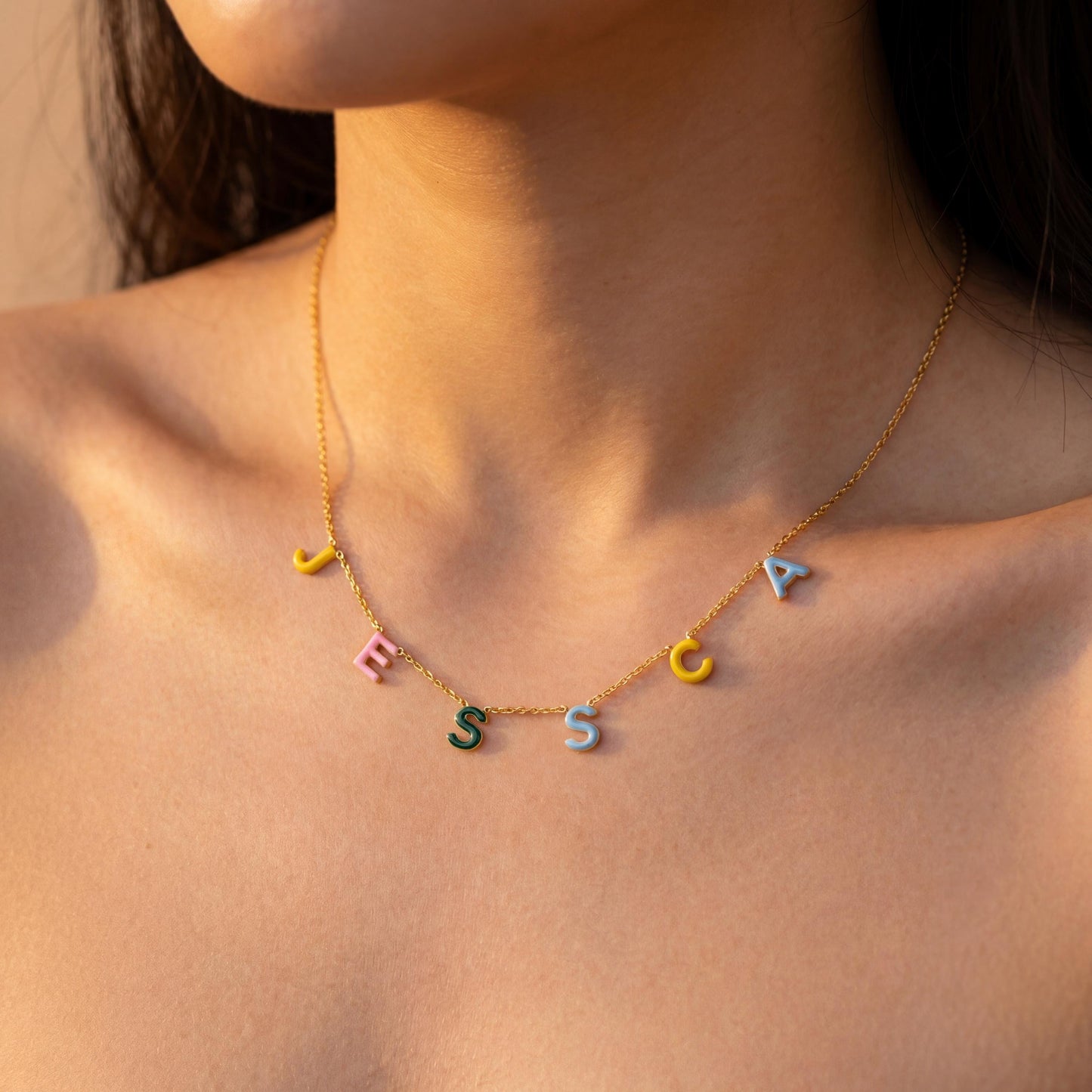 Custom Name Necklace, Enamel Letter Choker, Colorful Spaced Name, Personalized Mom Gift, Mothers Day Jewelry, Custom Word Necklace