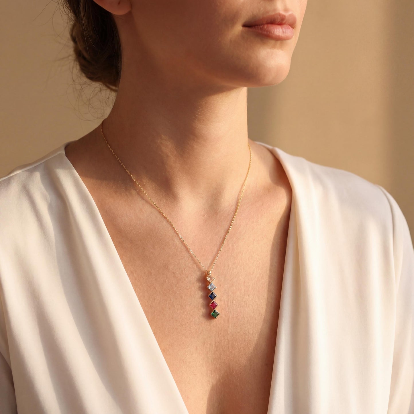 Family Birthstone Necklace, Mothers Necklace, Custom Gemstone Pendant, Mothers Day Gift for Mom, Grandma Jewelry, Dainty Vertical Charm