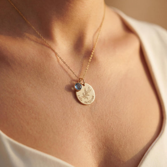 Birth Flower Necklace, Custom Birthstone Gift, Personalized Name Charm, Mothers Day Gift for Mom, Dainty Floral Jewelry, Engraved Disc