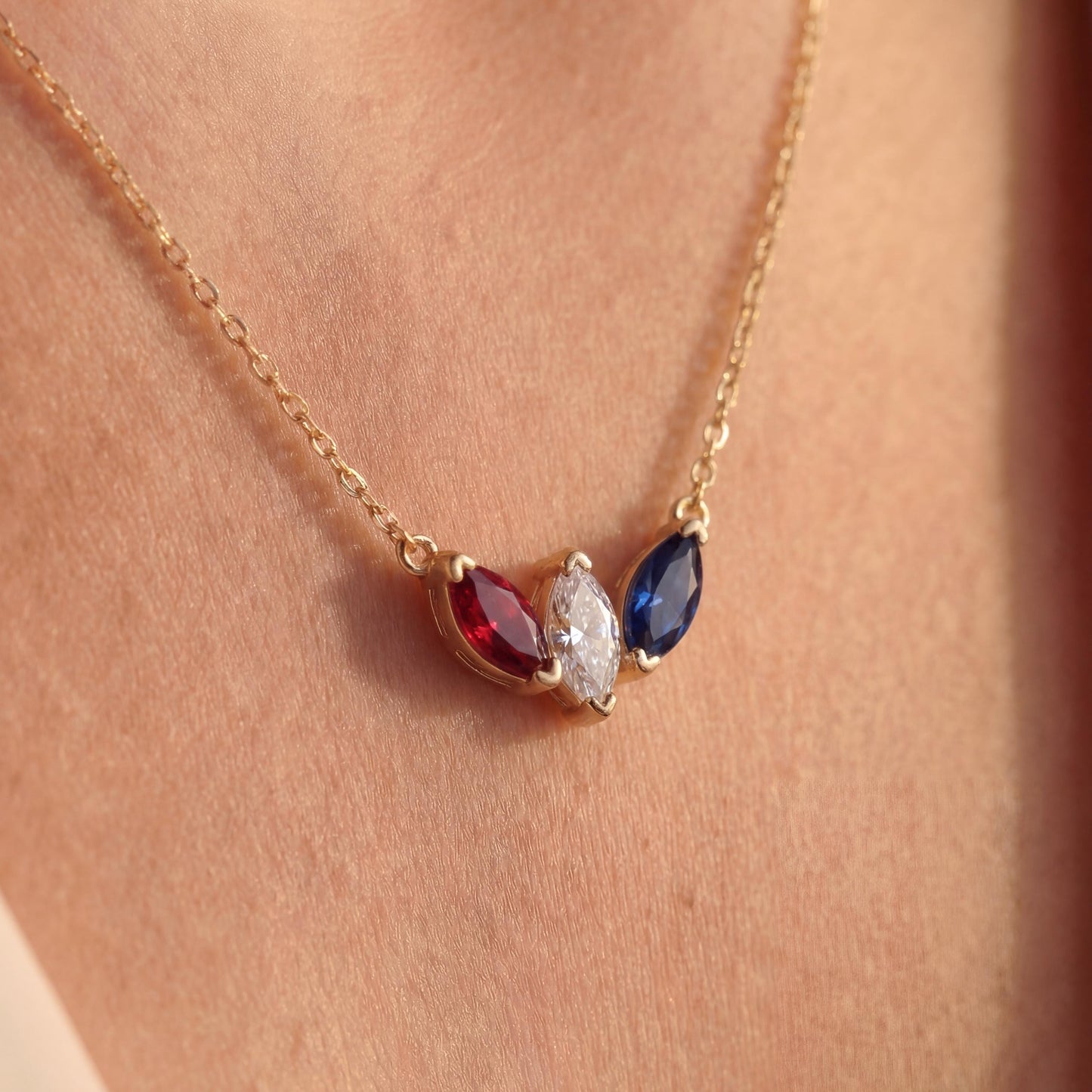 Red White Blue Necklace, Patriotic Jewelry, USA 250th Anniversary, 4th of July Gift, Minimalist Marquise, Dainty American Pendant