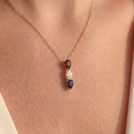 Tear Drop Pendant, Patriotic Necklace, Red White Blue, USA 250th Anniversary, Minimalist Jewelry, July 4th Gift, Dainty Gemstone