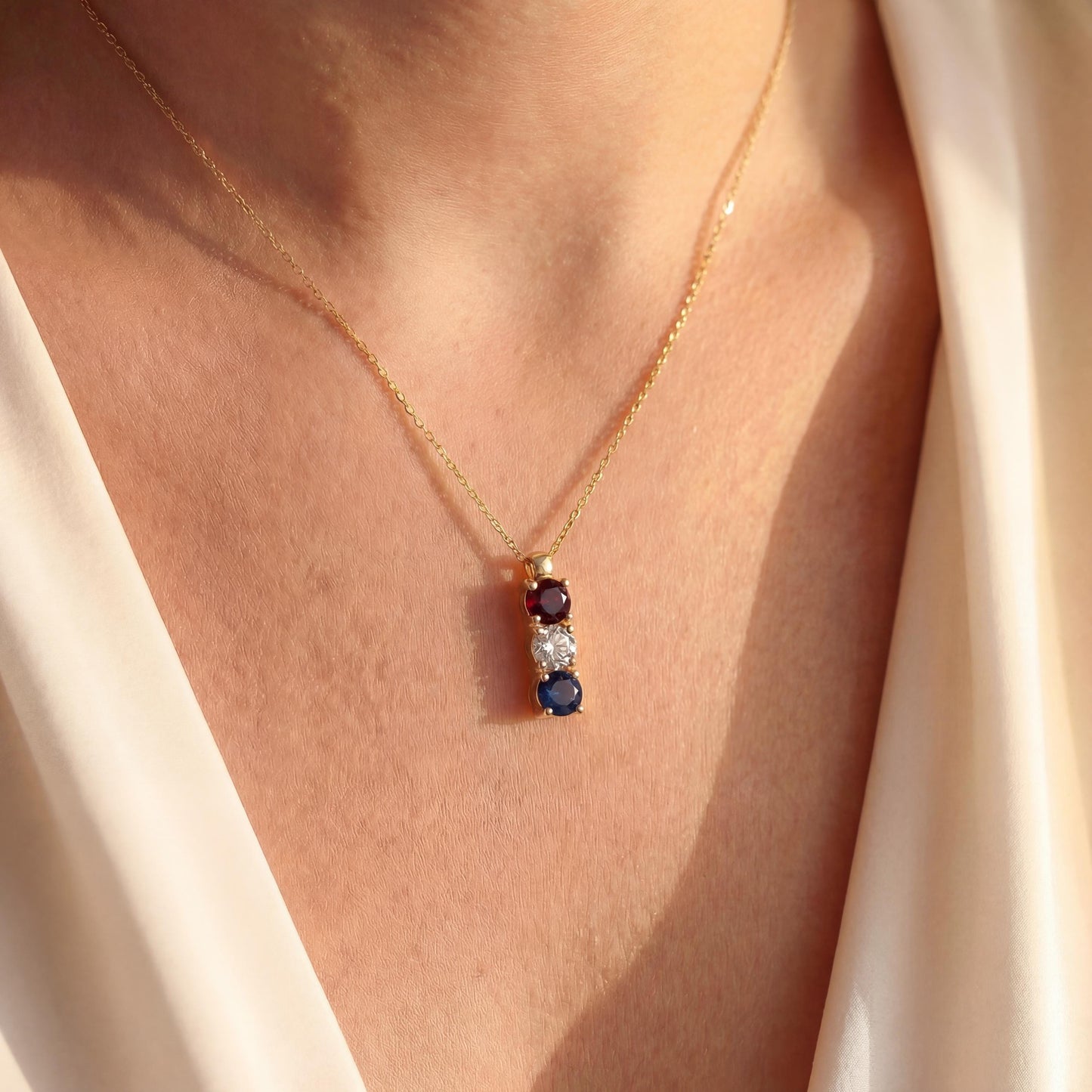 Red White Blue Necklace, Patriotic Gemstone Pendant, US 250th Anniversary Jewelry, Dainty Vertical Three Stone, July 4th Minimalist