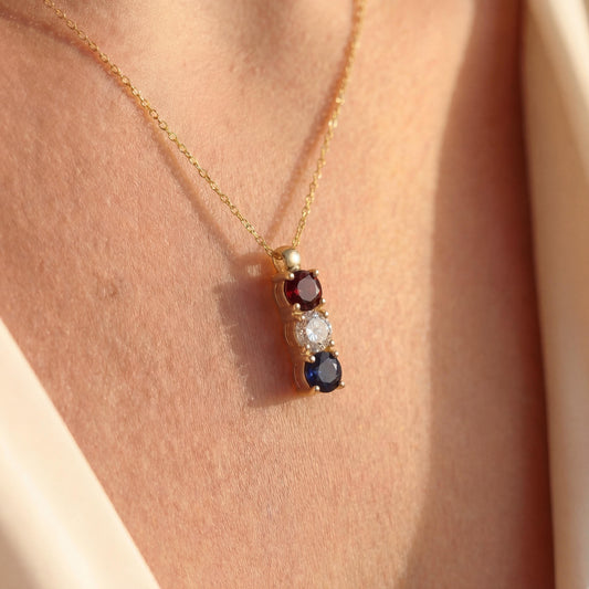 Red White Blue Necklace, Patriotic Gemstone Pendant, US 250th Anniversary Jewelry, Dainty Vertical Three Stone, July 4th Minimalist