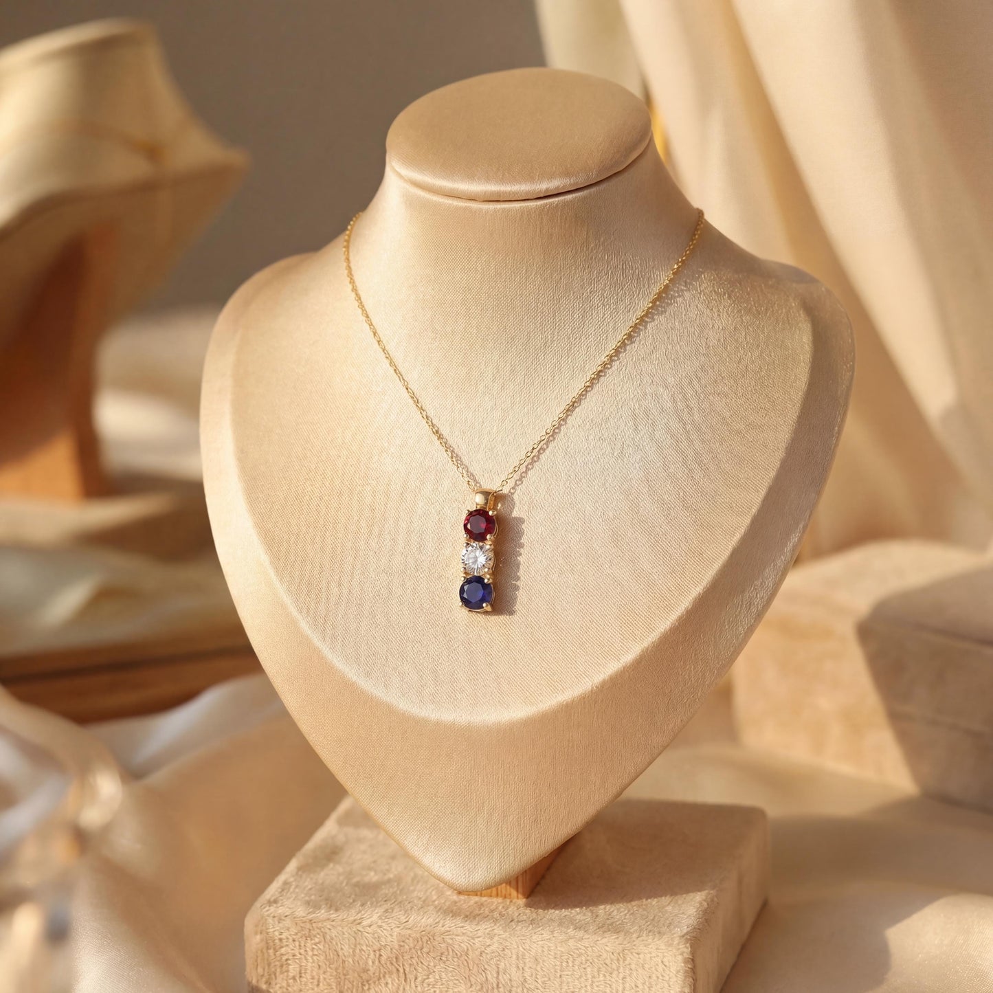 Red White Blue Necklace, Patriotic Gemstone Pendant, US 250th Anniversary Jewelry, Dainty Vertical Three Stone, July 4th Minimalist