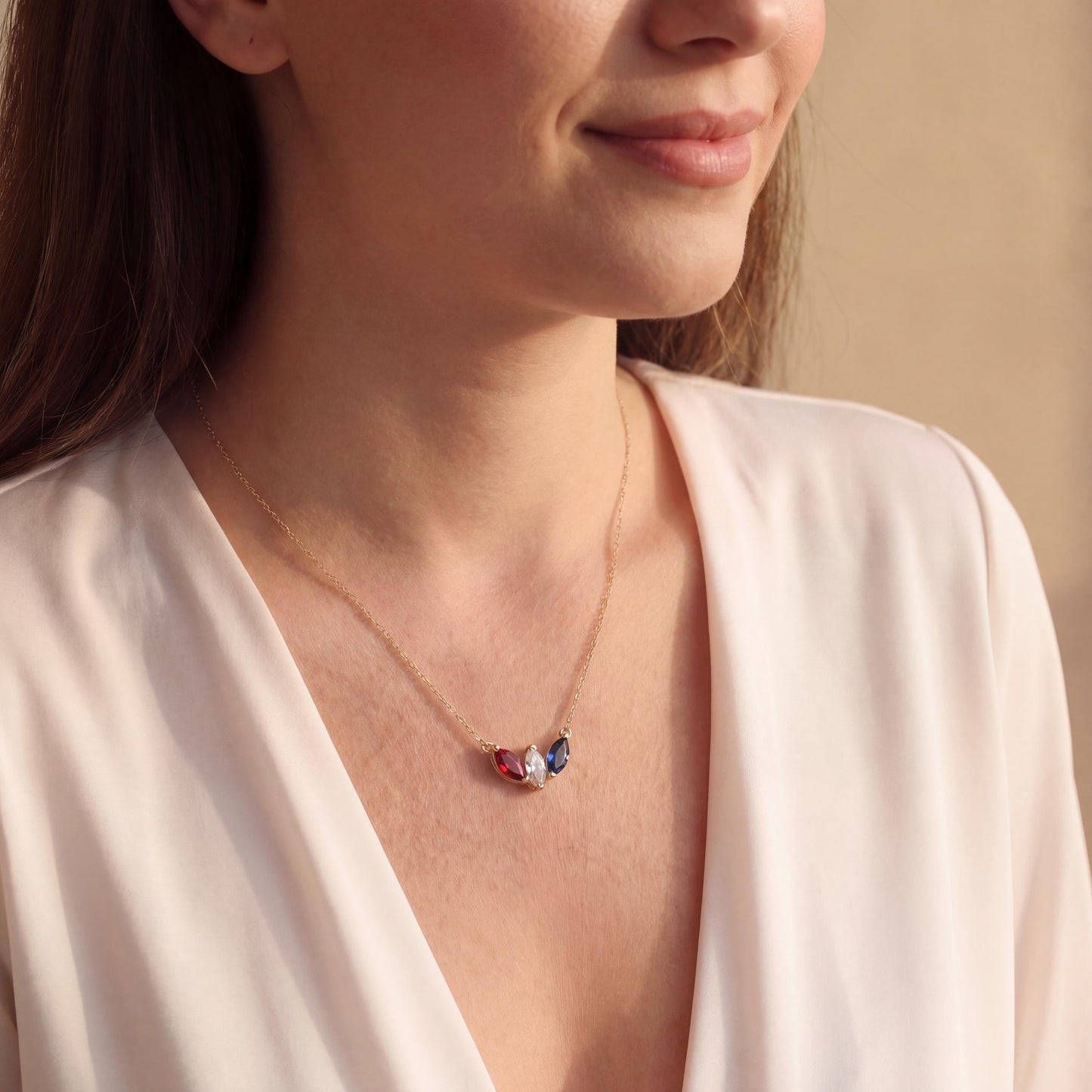 Red White Blue Necklace, Patriotic Jewelry, USA 250th Anniversary, 4th of July Gift, Minimalist Marquise, Dainty American Pendant